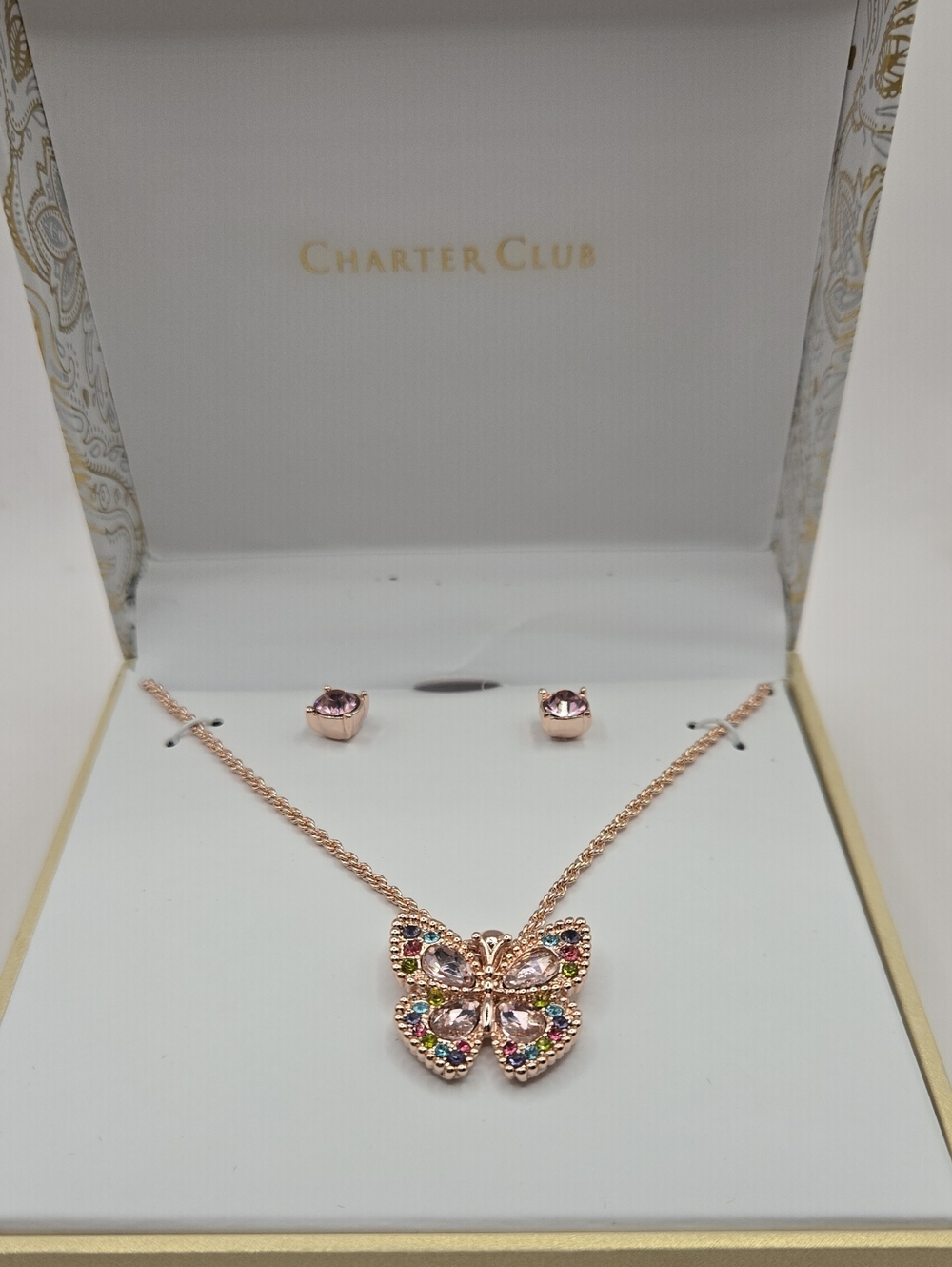 NEW Charter Club Rose Gold Butterfly Pendant Necklace and Stud Earrings